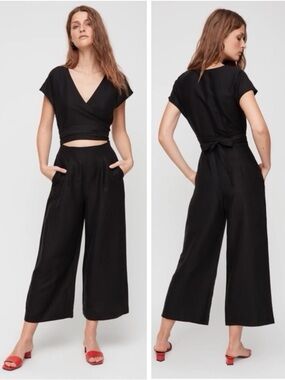 Wilfred Aritzia Brax Linen Jumpsuit Black Size 8 Wide Leg Wrap Tie Waist Cropped